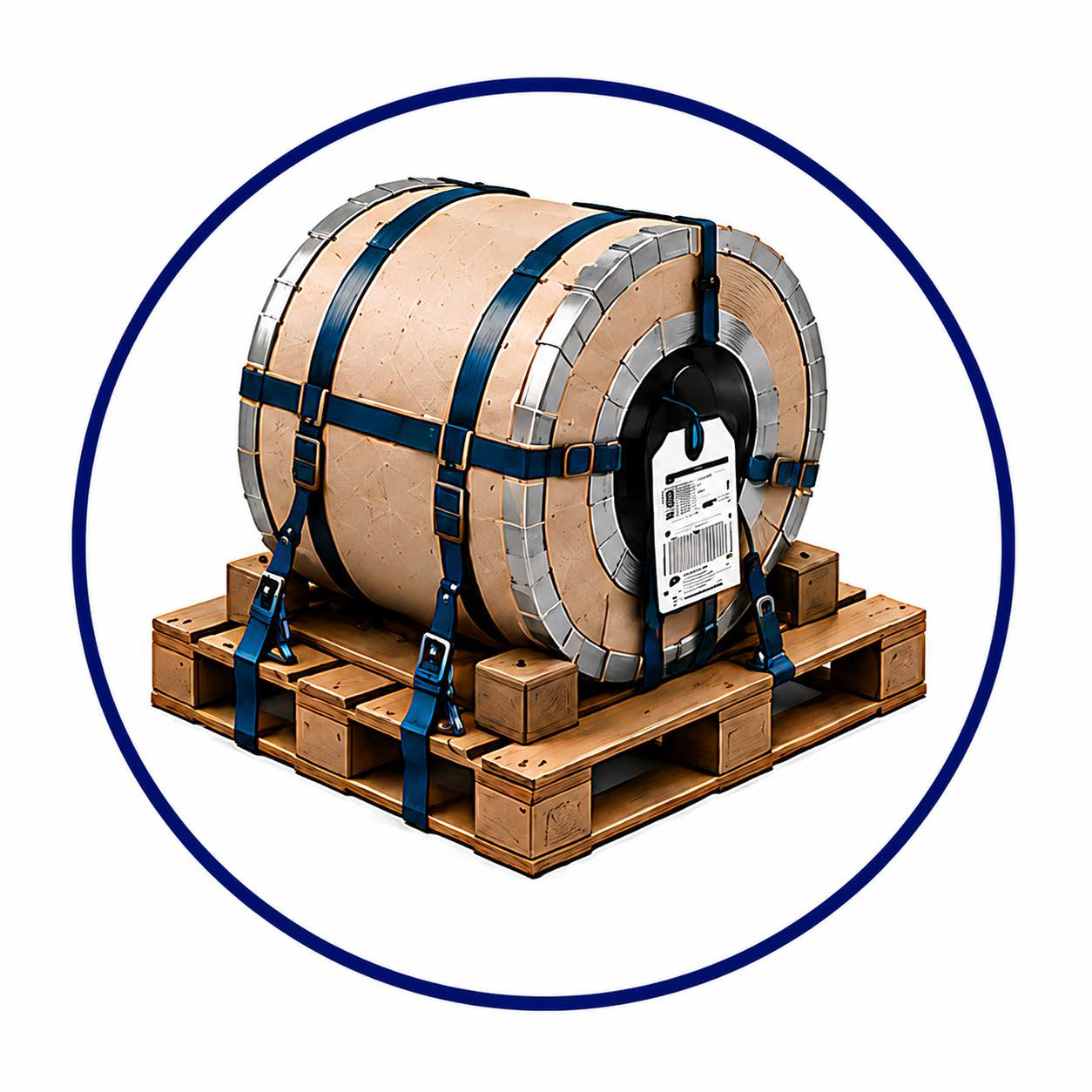 Packaged coil secured on a pallet