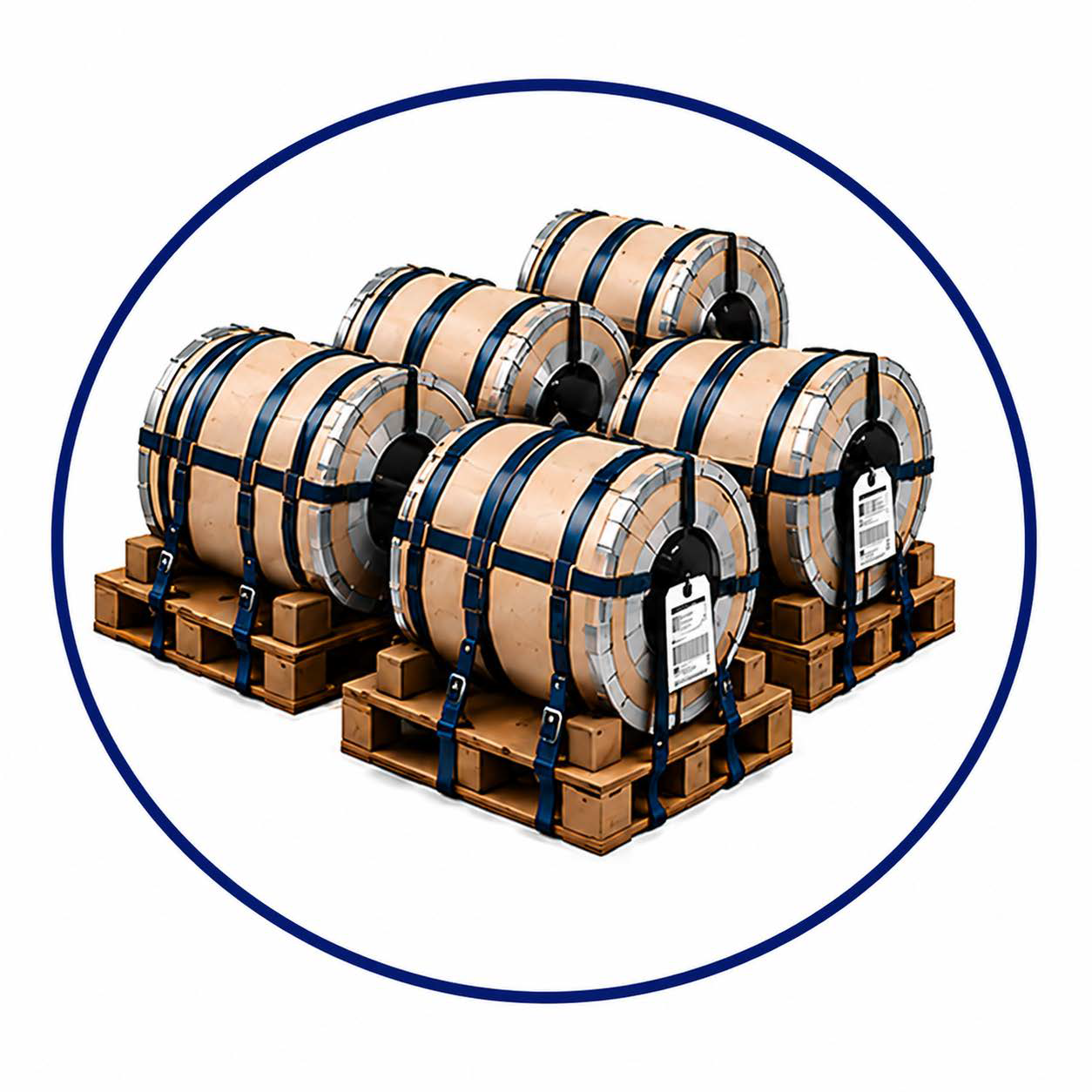 Packaged coils organized in outfeed storage